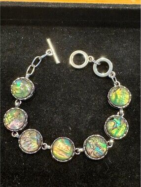 Silver Tone Round Opal Link Bracelet